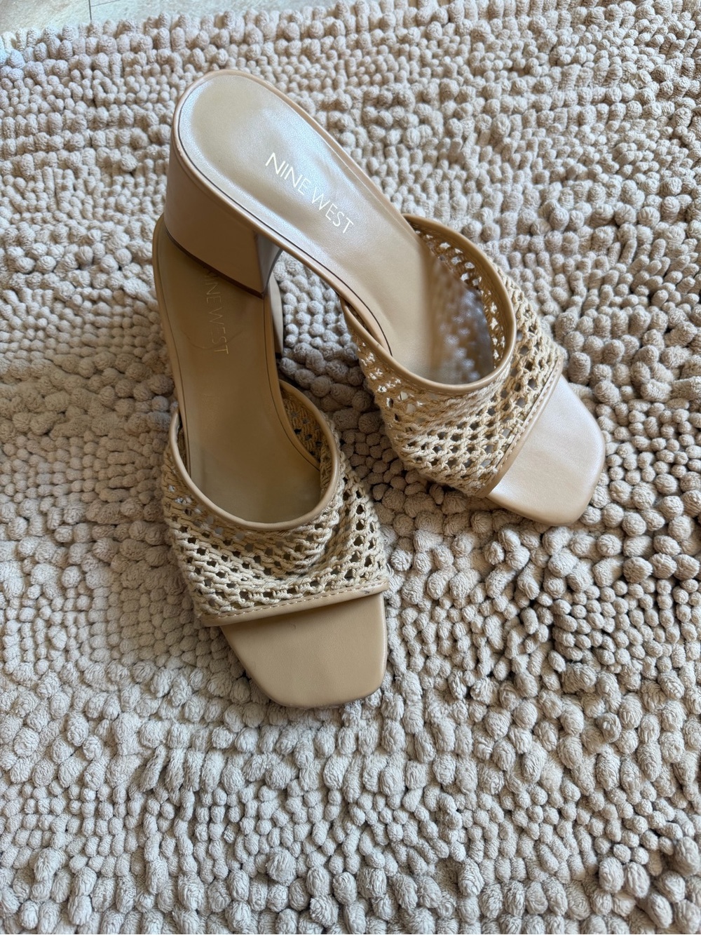 Nine West Beige Woven Block Heel Mule Sandals